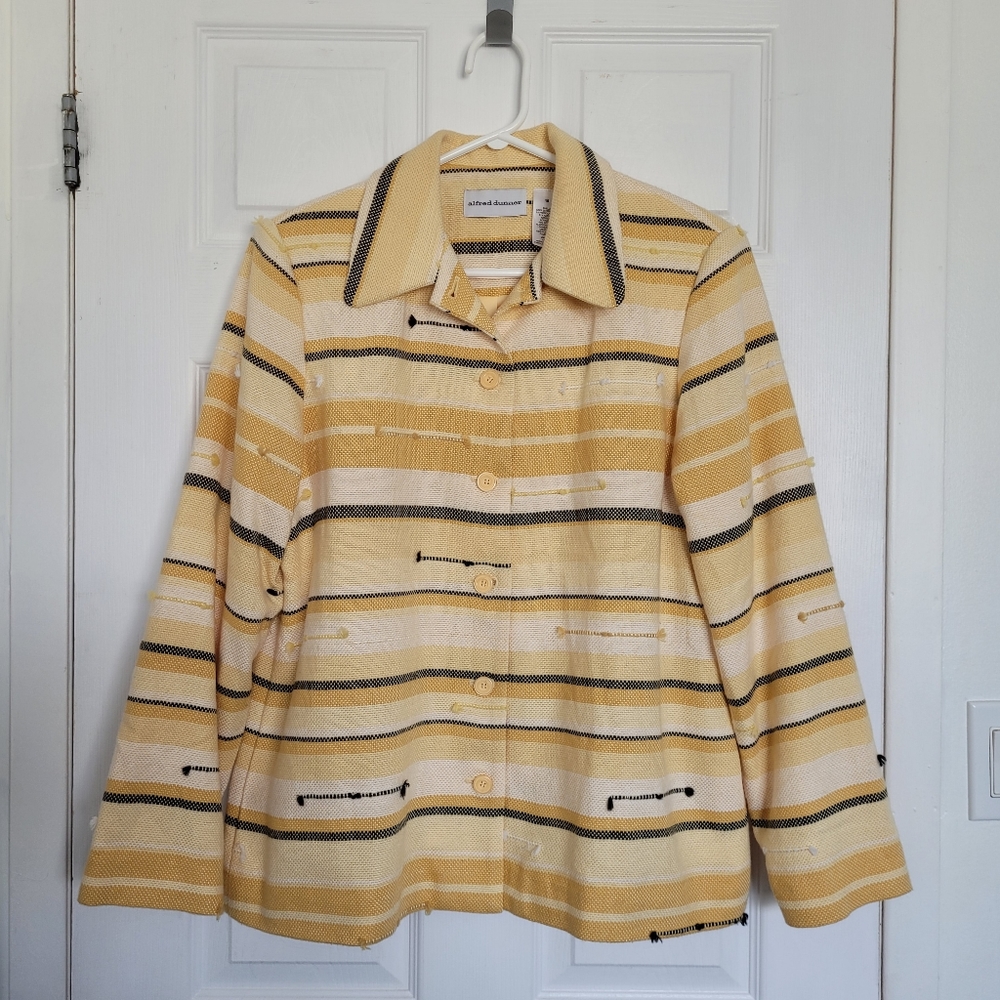 Alfred Dunner Womens Blazer Yellow Stripe Buttons Knit Jacket Size 10